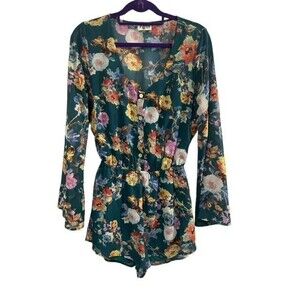 Show Me Your MuMu Red Rock Romper Women Medium Green Floral Long Sleeve Chiffon